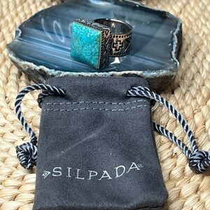 Silpada Sterling Turquoise Square Ring with Southwestern Band Size 6.5-7
